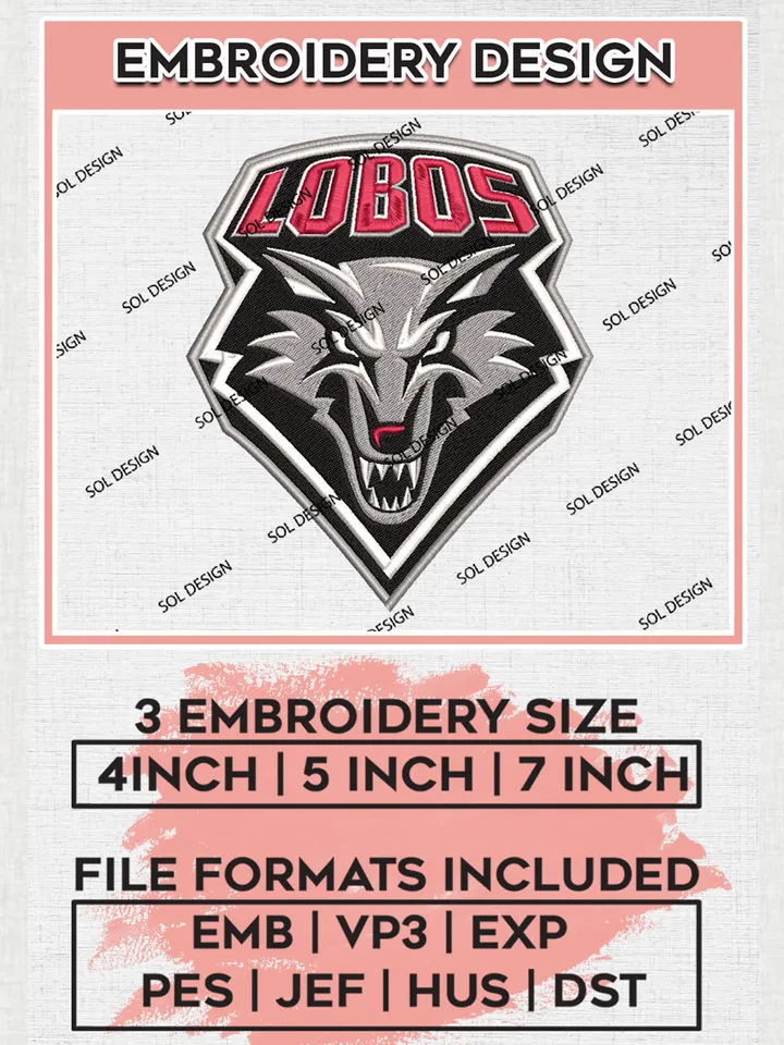 New Mexico Lobos Logo Machine Embroidery Design, NCAA New Mexico Lobos Embroidery Design Design files, NCAA Embroidery Designs, NCAA Machine Embroidery Designs, Digital Download