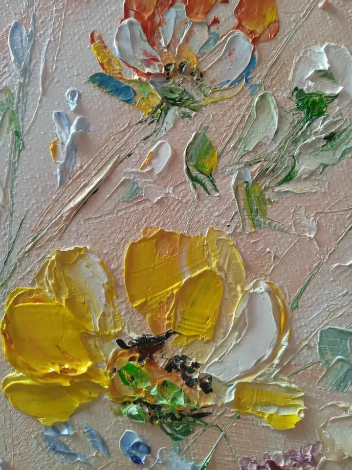 Oil painting on round canvas with "Tender Flowers" 12x12 inches.