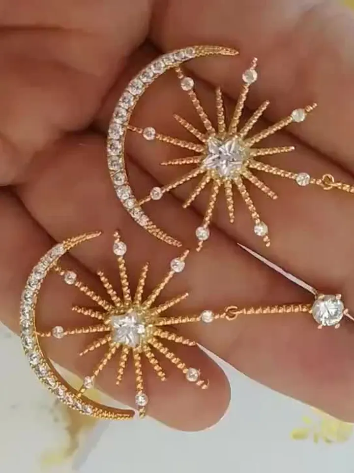 Big Star Gold Art deco Wedding Earrings For Bride,  Celestial Statement Bridal Earrings, Swarovski crystal Wedding Earrings, Boho Jewelry