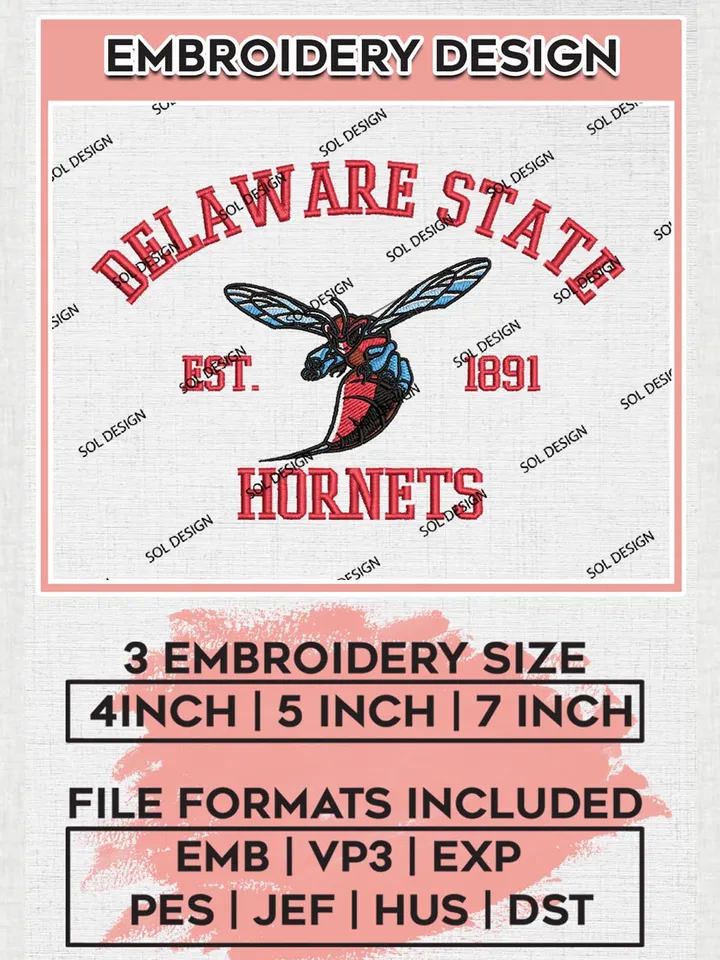 Delaware State Hornets Est 1891 Logo Embroidery Designs, NCAA Delaware State Hornets Team Embroidery, NCAA Team Logo, 3 sizes, Machine embroidery Files, Digital Download