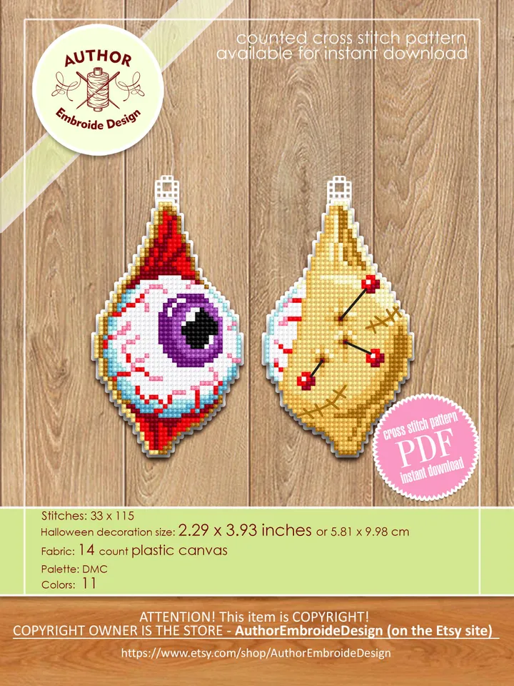 Creepy eye cross stitch pattern PDF download Double-sided Halloween ornament cross stitch chart for plastic canvas Halloween tree decor #H71