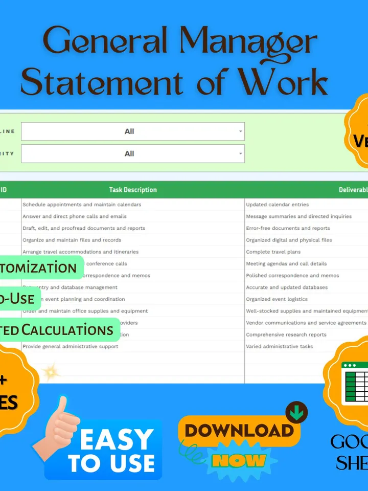 General Manager Statement of Work Template, SOW Agreement Form, Work Scope Document, Google Sheets Contract Template