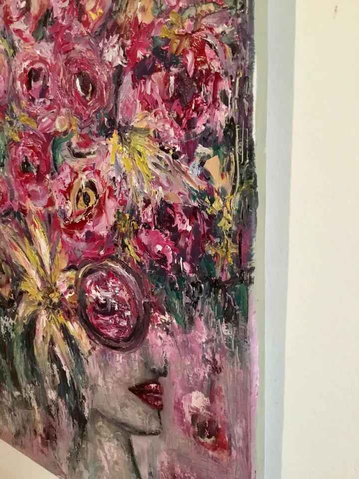Pink wisdom-fantasy woman in flowers,womanoriginal oil painting,impasto painting,unique canvas art,original artwork,fantasy woman in roses.