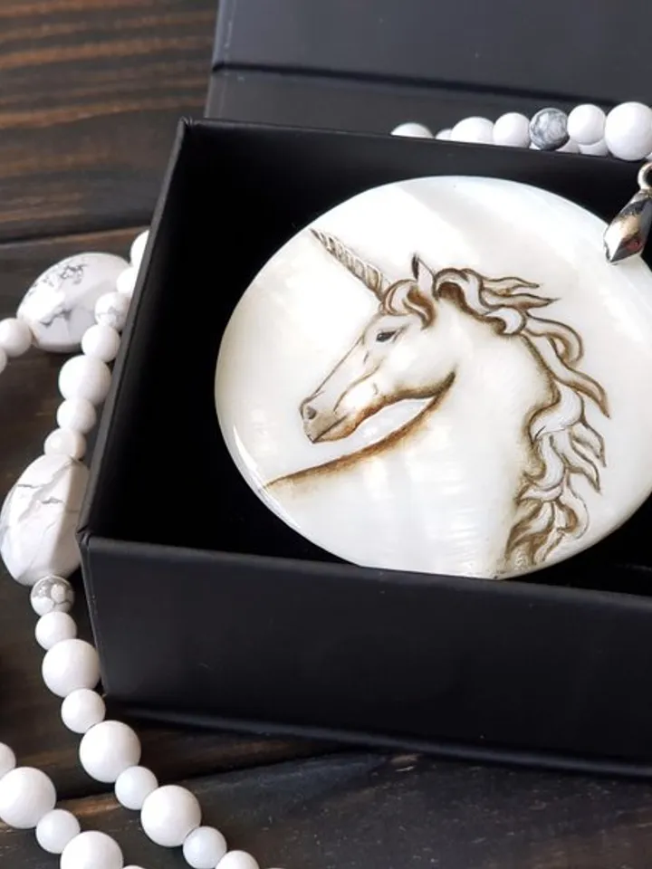 Unicorn jewelry, unicorn necklace, miniature painting on pearl pendant