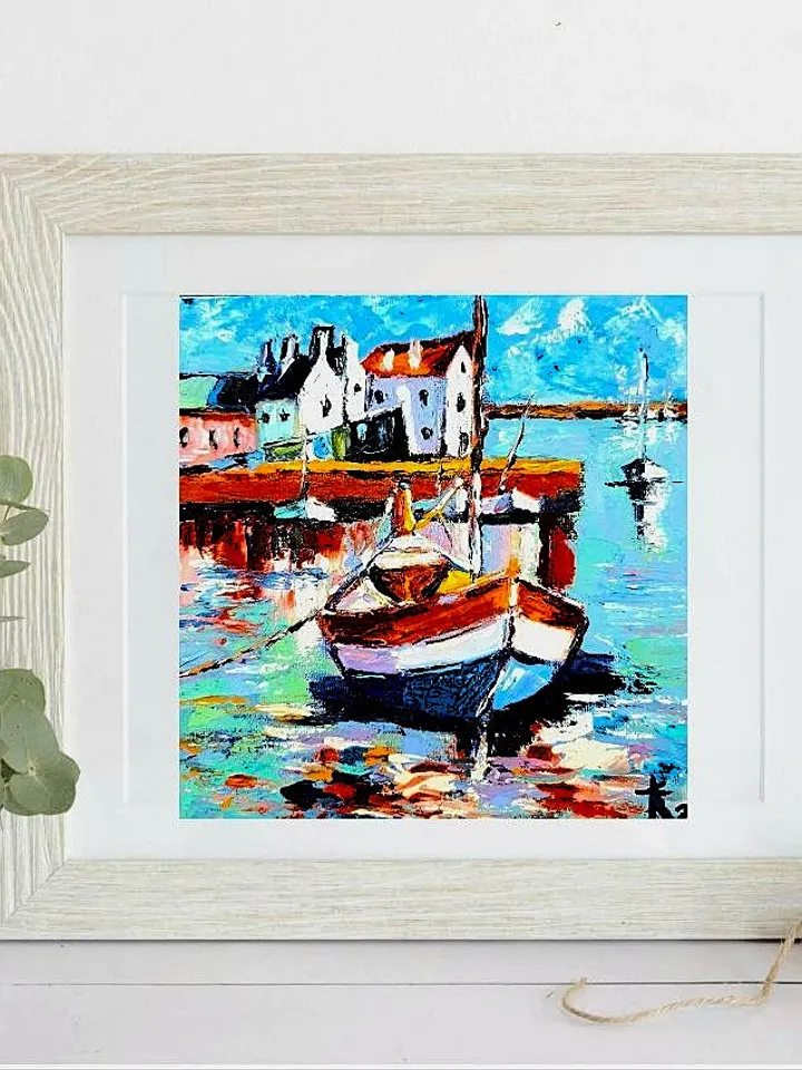 Oil painting seascape Norwegian houses and boats