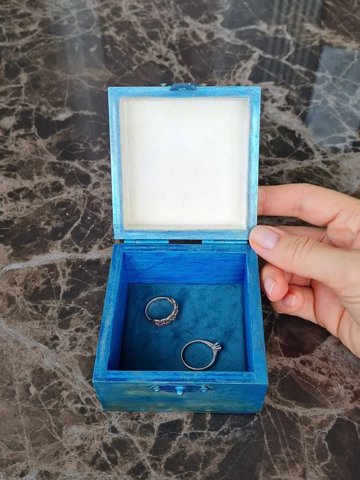 Handmade jewelry box Blue ring box One of a kind Fruits decor on lid Velvet roll