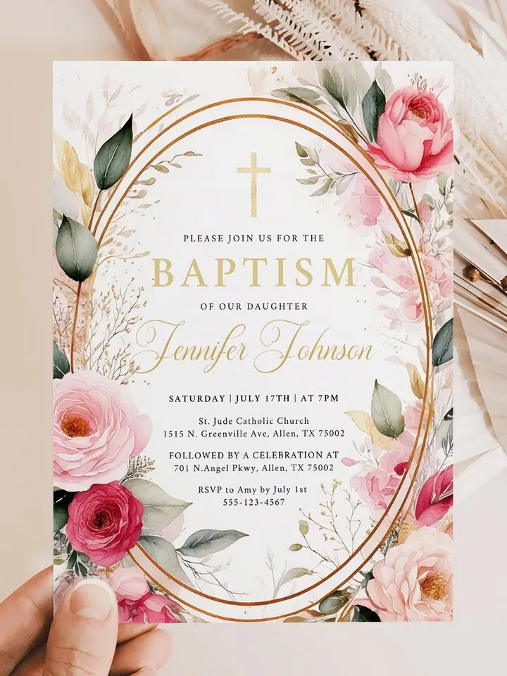 EDITABLE Floral Baptism Invitation, Printable Blush Pink & Gold Floral Template, Christening Digital Invite, Instant Download Canva template