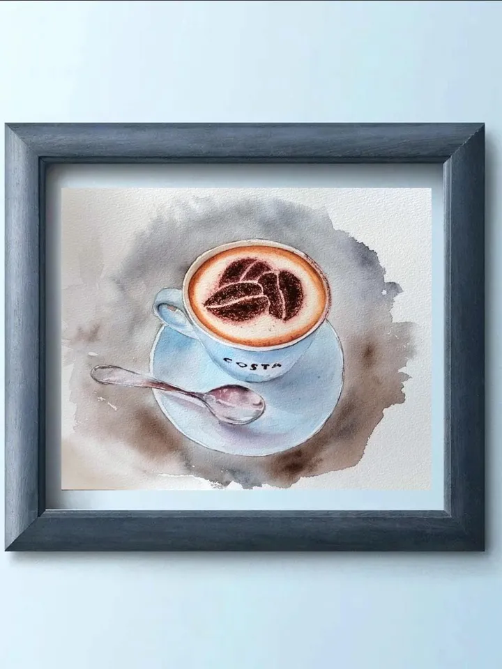 Cappuccino Cup Painting Original Watercolor Art Coffee Cup in Watercolor 8.27x11.69 in by Art Café