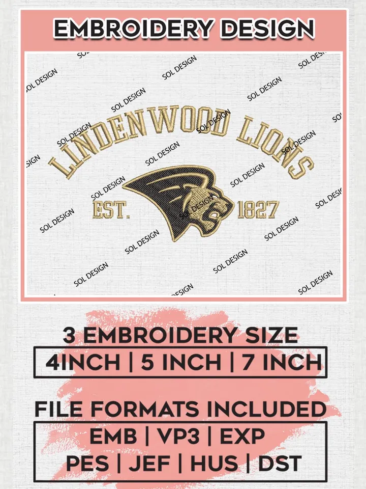 Lindenwood Lions Est 1827 Embroidery Designs, NCAA Lindenwood Lions Team Embroidery, NCAA Team Logo, 3 sizes, Machine embroidery Files, Digital Download