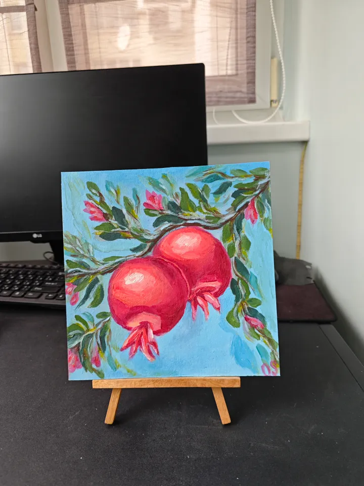 Pomegranate Original Painting Fruit Original Art Red Pomegranate Modern Artwork Red Fruit Wall Painting 8x8 inches by OlgaSokolova Art