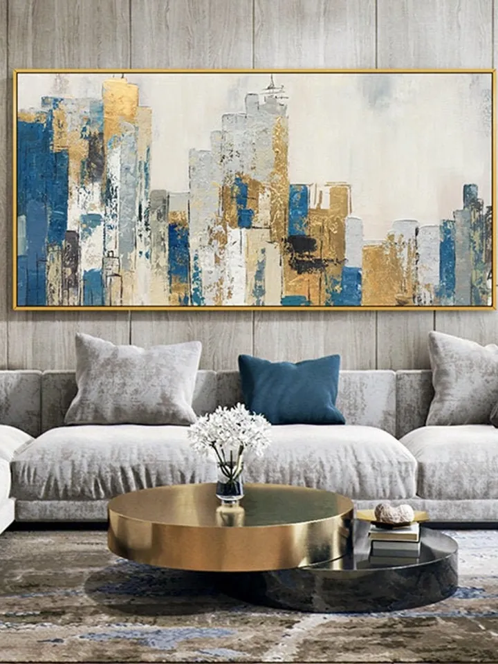 Original Cityscape Oil Painting on Canvas, Large Abstract Gold Leaf City Landscape Acrylic Painting, Modern Blue Living Room Wall Art Decor