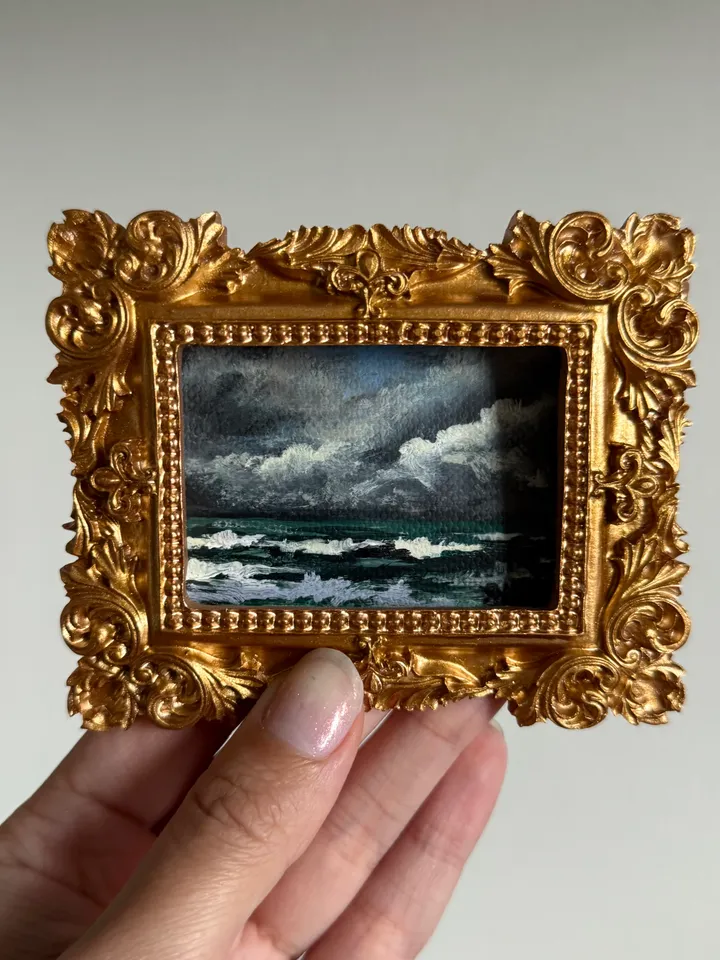 Small Landscape Acrylic Painting Framed Original Stormy Coast Painting Antique Ocean Art Gold Frame Tiny Paintings 3 x 4 Wave Art