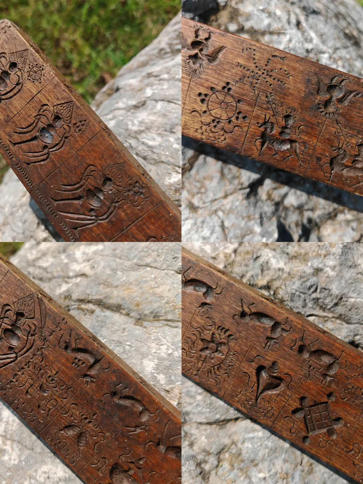 Gandhanra Antique Tibetan Buddhist Zanpar Wooden Mold Stick,Dharma Ritual Plate,Intricately Carved Esoteric Ritual Objects and protectors