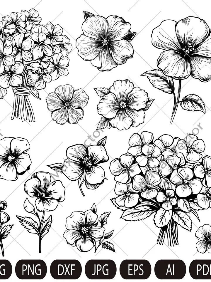 Violet SVG,Violet flowers svg,Violet bouquet, Spring Flower Vector Drawings, Botanical Blossoms , Floral Line Art,Commercial Use PNG, SVG