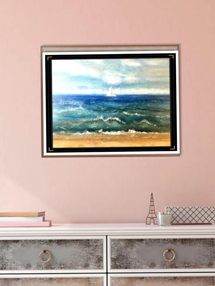 Seascape with a boat painting,Baltic sea and a beach,oil painting,stretched canvas.