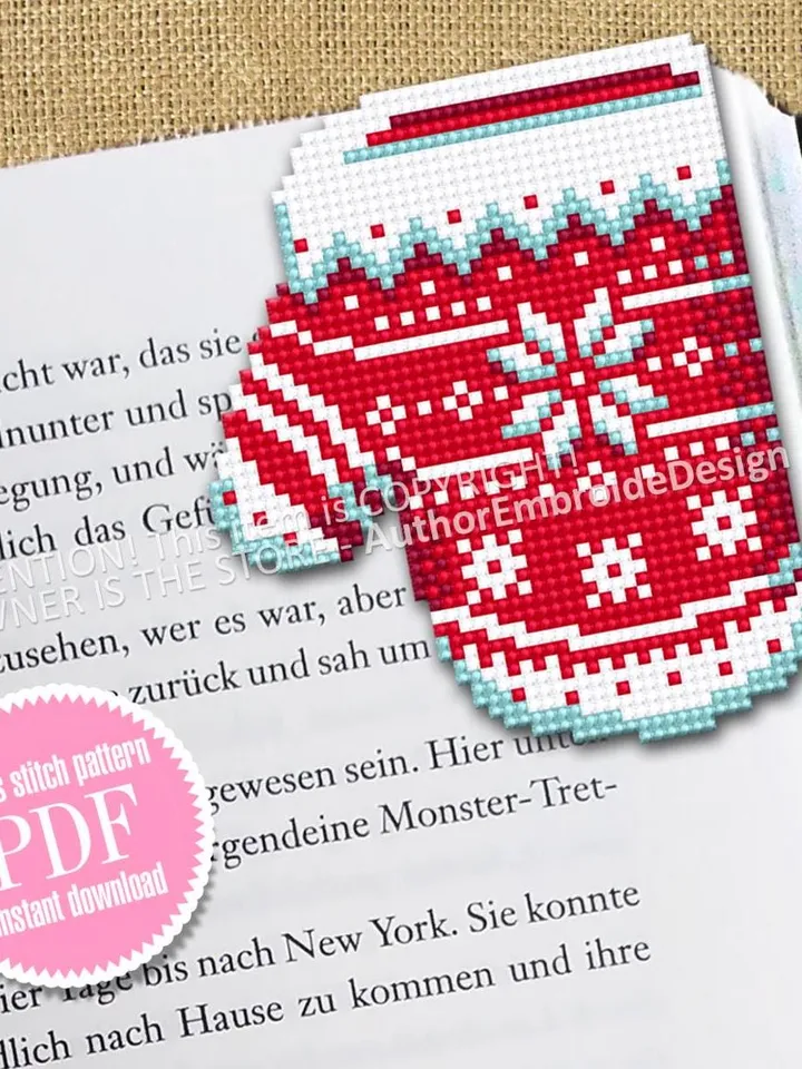 Christmas corner bookmark cross stitch pattern PDF download Nordic mitten cross stitch chart, Christmas bookmark pattern digital PDF #B388