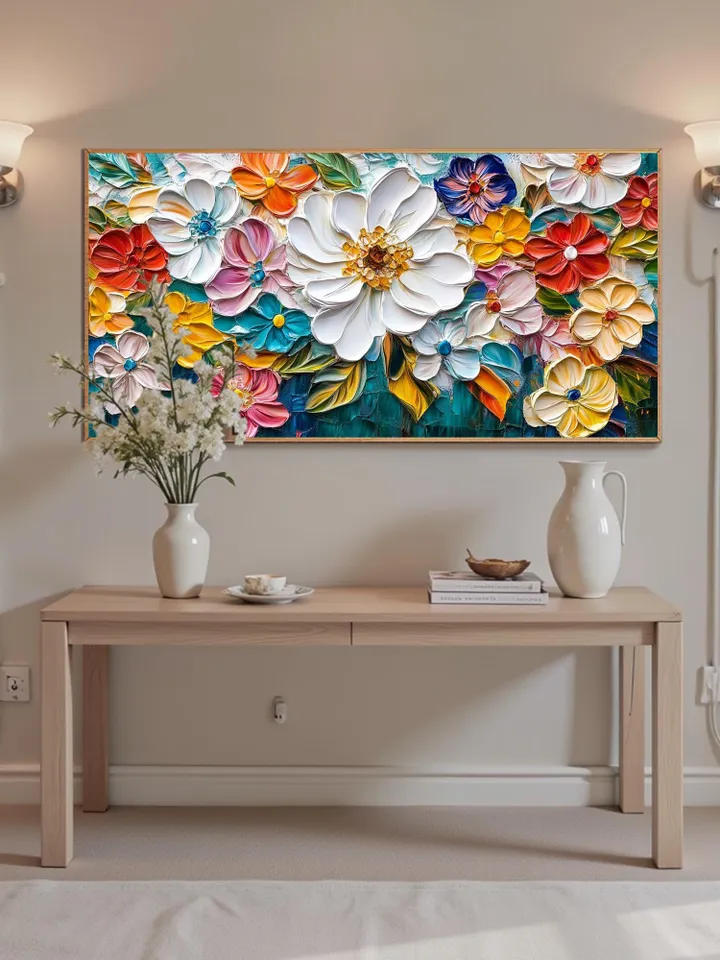 Large Impasto Floral Painting, Textured Colorful Flower Artwork, 3D Thick Paint Palette Knife Original Art, Abstract Flower Bouquet Painting