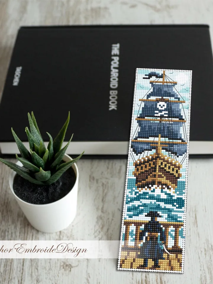Pirate bookmark cross stitch pattern PDF download Pirate ship cross stitch chart, Needlepoint bookmark pattern digital PDF for boys #B474
