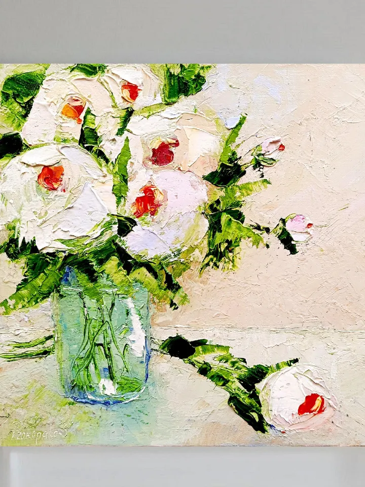 Peonies Oil Painting Flowers Art Impasto Floral Original Artwork Still Life 12x12 Wall Art Gifts by ArtProkopaloSv