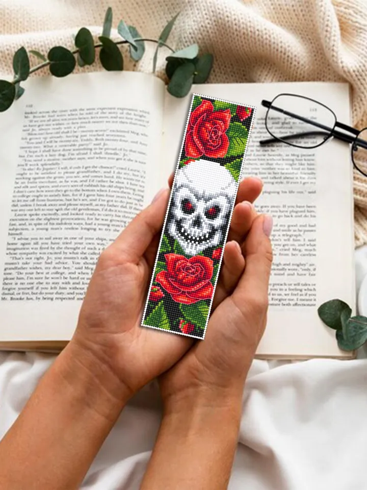 Gothic bookmark cross stitch pattern PDF download Skull and roses cross stitch chart, Bookmark pattern digital PDF, Red flowers #B372