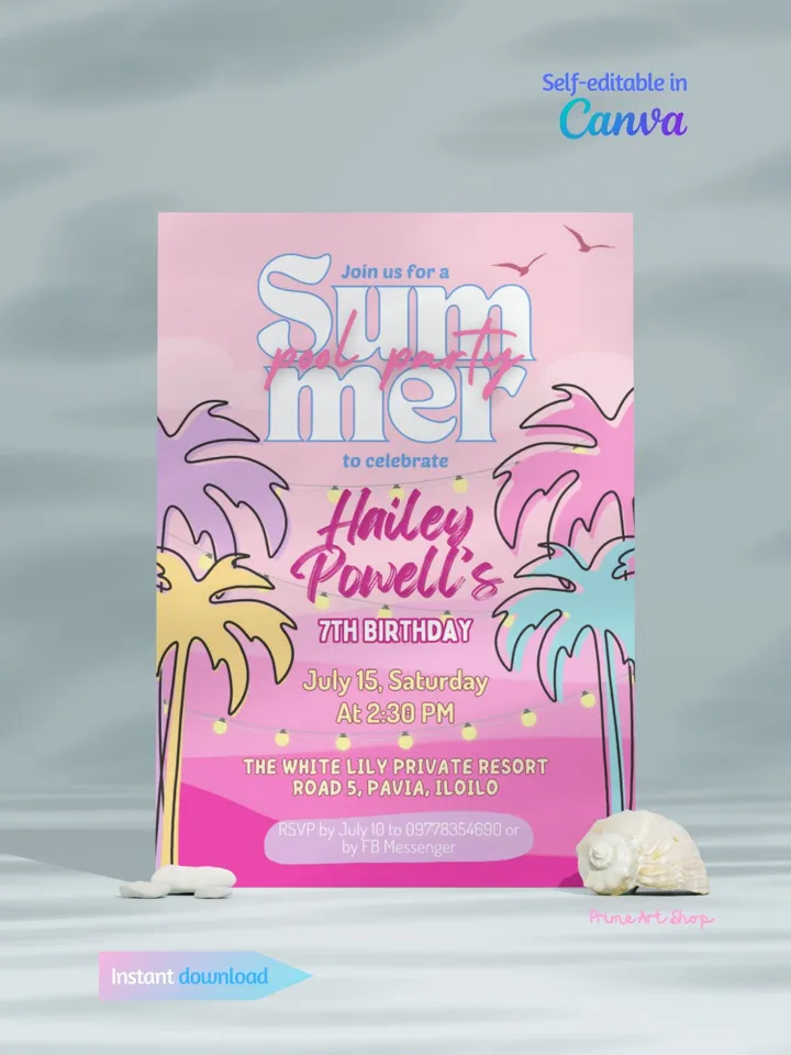 Summer Pink Pool Party Invitation - Slumber Party Girl Card - Editable Canva Template