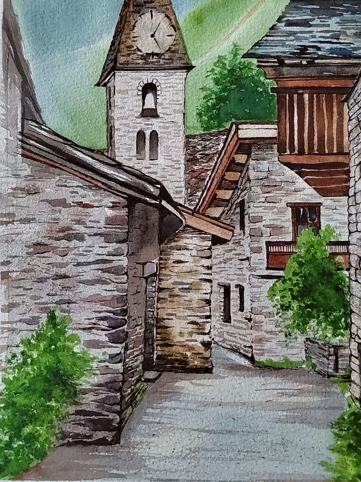 Stone Houses Artwork Medieval Village Art Alpine Village Picture 15x11 in Original Watercolor Painting by SoftWaves