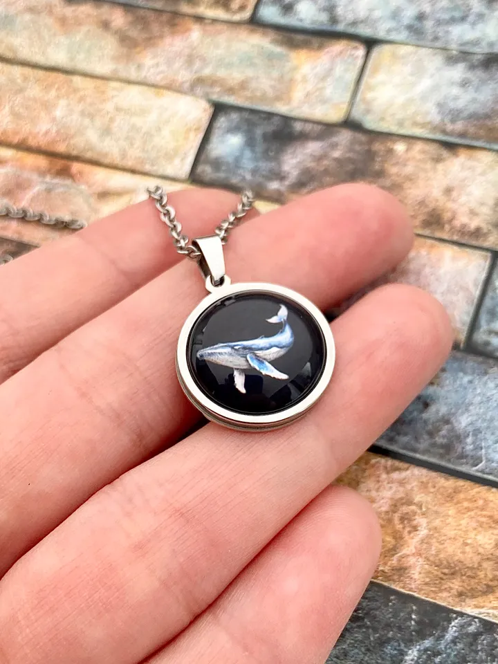 Whale necklace, steel pendant with glass, Sea animal lover gift