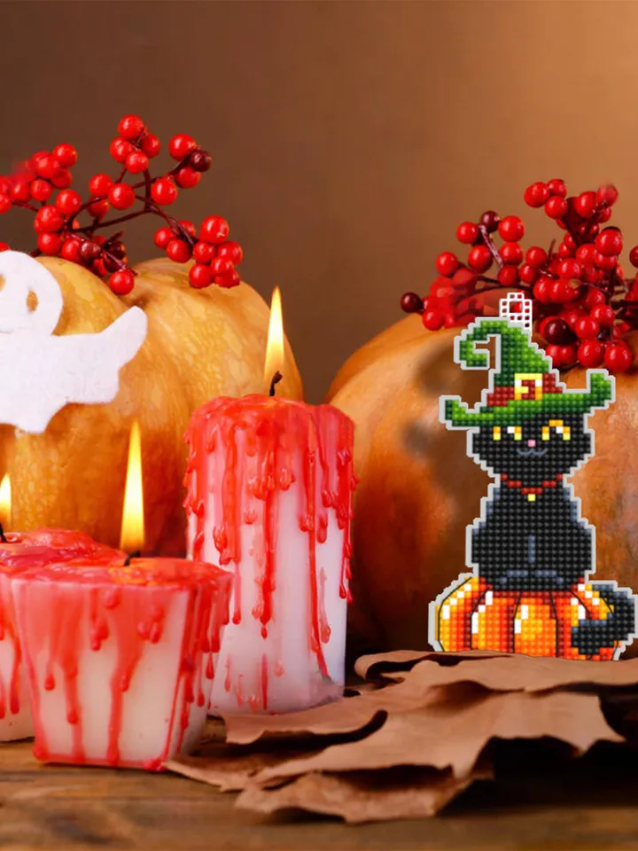 Black cat cross stitch pattern PDF download Double-sided Halloween ornament cross stitch chart for plastic canvas, Halloween tree decor #H69