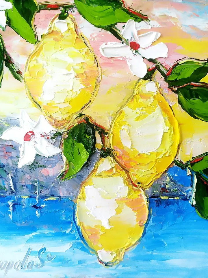 Lemon Painting Italy Original Art Coastal Painting Impasto Oil Painting Seascape Painting Italy Wall Art ArtProkopaloSv