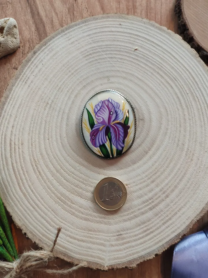 Brooches for women: Dainty pink Iris painted on lacquer brooch • Elegant jewelry pin with floral design • Impressive blossom pearl brooch