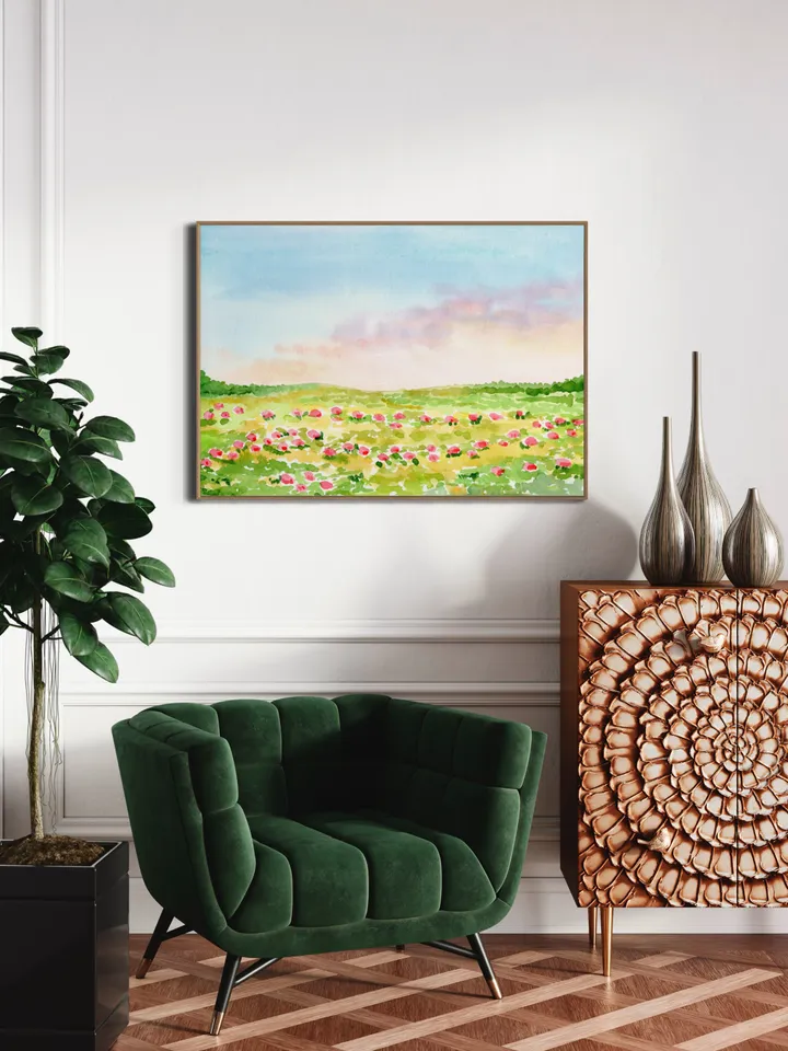 Wildflower Field Landscape, Impressionist Watercolor Painting, Summer Flowers Field, Vintage Decor Print, Meadow Painting, Colorful Flowers
