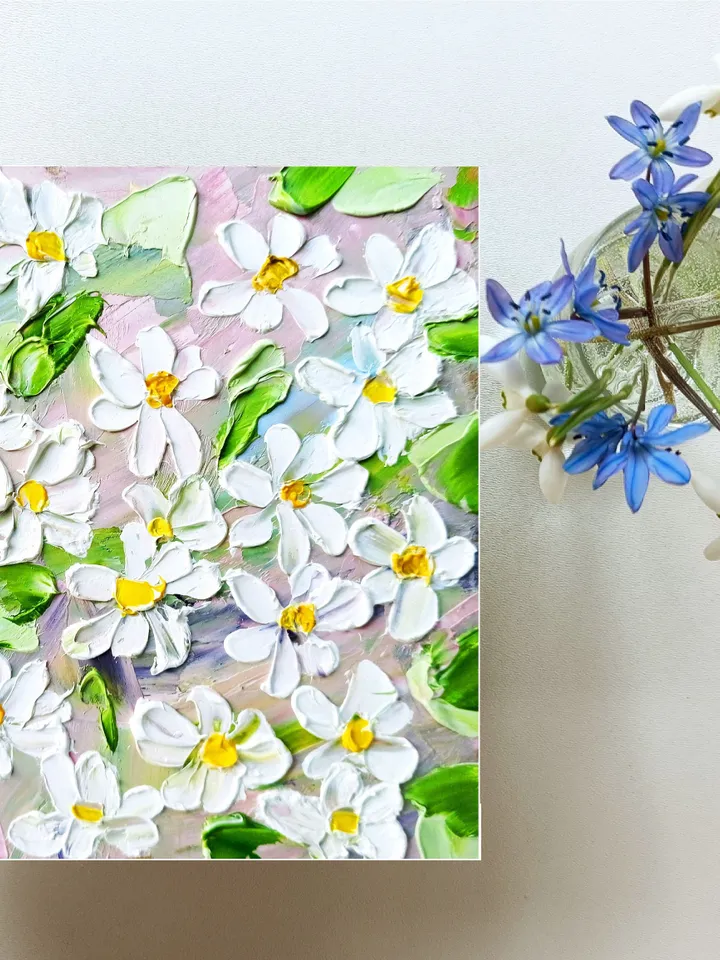 Daisy Painting Chamomile Original Fine Art Flowers Blossoms Wall Art Decor Floral Impasto Artwork Meadow Art Gifts by ArtProkopaloSv