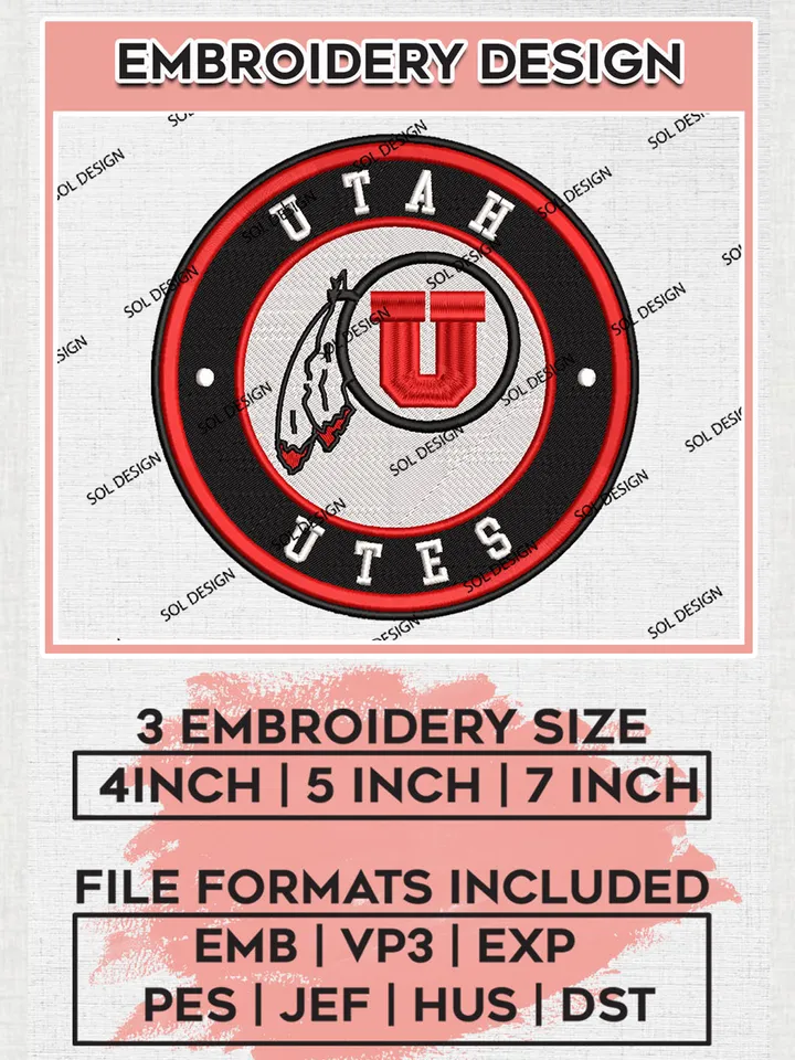 NCAA Utah Utes Round Logo Embroidery, NCAA Utah Utes Embroidery Design files, NCAA Teams, NCAA Machine embroidery designs, Digital Download