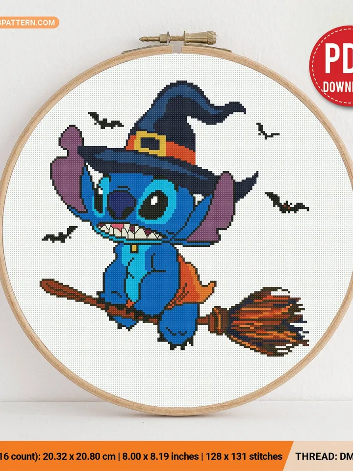 Lilo and Stitch Witch cross stitch pattern Halloween Hawaii nursery decor beginner counted modern chart gift DIY embroidery instant PDF