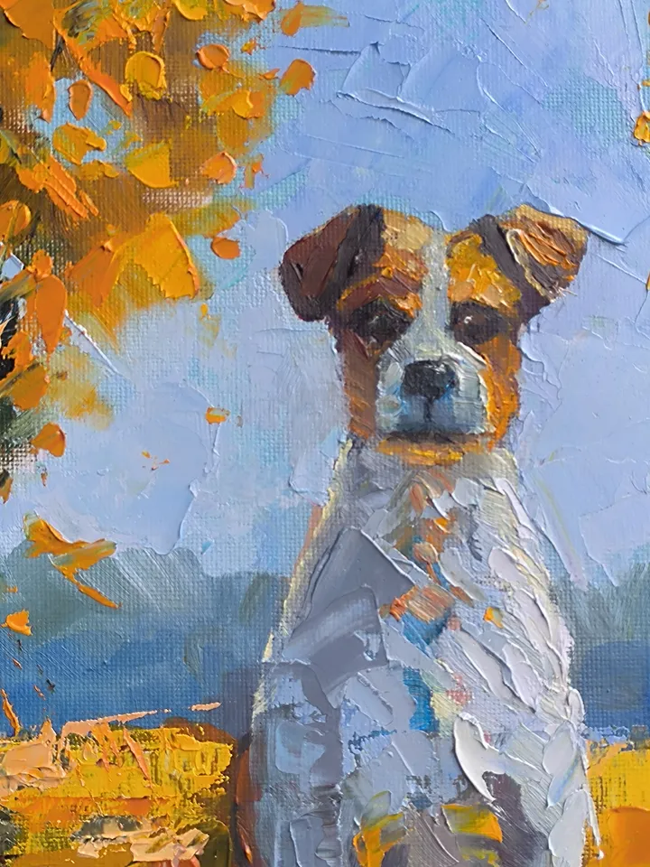 Dog oil painting, Dog on canvas, Oil painting, Dog in the autumn forest