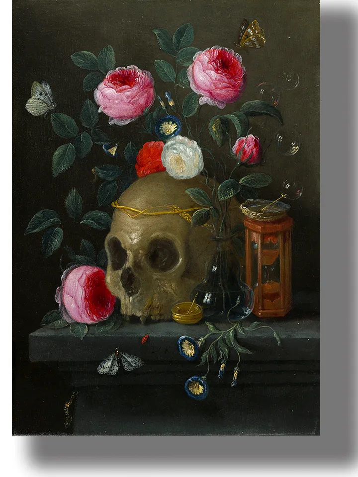 Human skull with a bouquet of cut flowers, hourglass, soap bubbles and other signs of mortality.