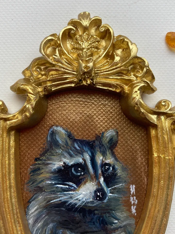Raccoon Oil Painting Original In Vintage Style Frame Small Framed Animals Wildlife Art Arch Frame