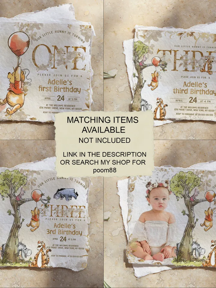 3rd Birthday Winnie the Pooh Inspired ; Classic Winnie Pooh Invitations; Neutral Winnie Pooh Turning three Winnie Pooh Birthday Party poom88