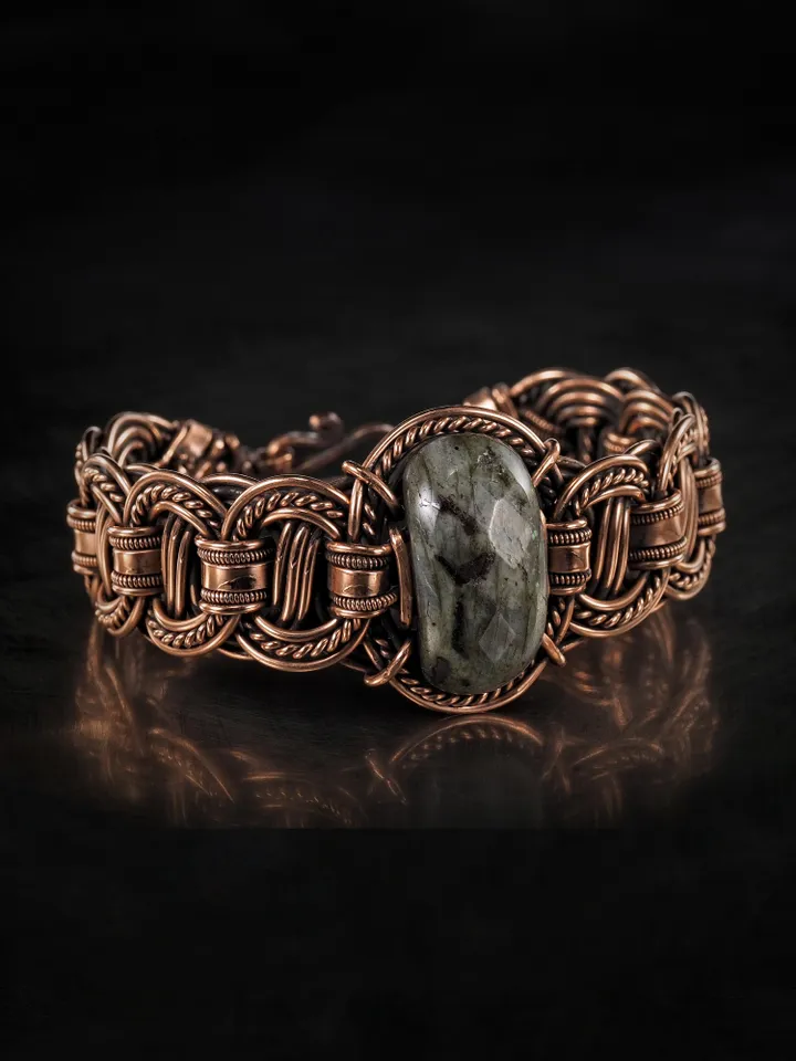 Copper wire wrapped larvikite bracelet Unique bangle 7th Wedding Anniversary