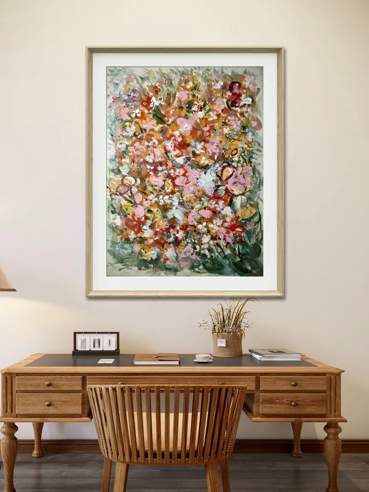 Lost in the meadows,original mix media watercolor and acrylic artwork on watercolor paper, pink floral modern home decoration,handmade gift.