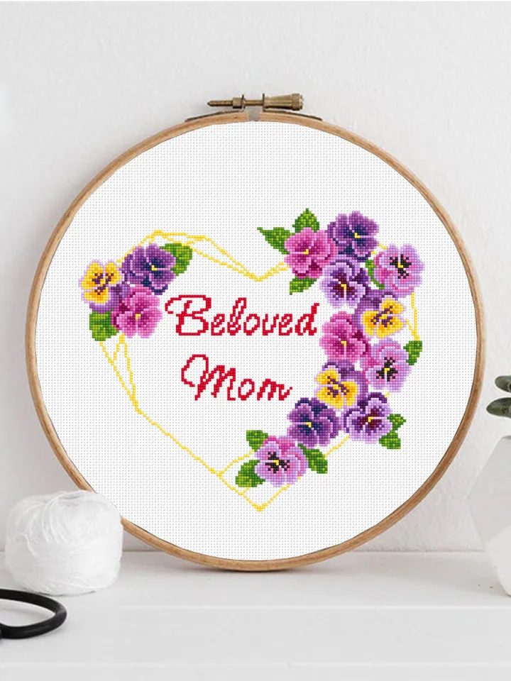 Floral heart frame cross stitch pattern PDF download Beloved Mom cross stitch chart, Violets flowers cross stitch, DIY gift for mother #Q28