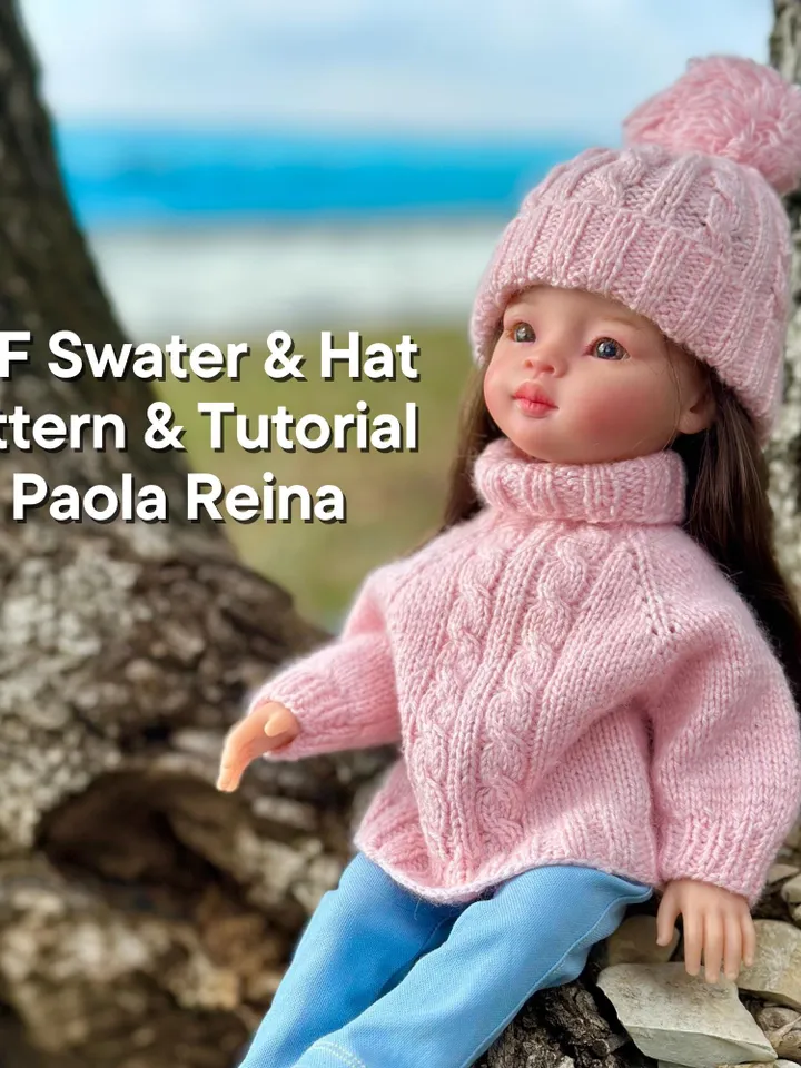 Set sweater & Hat with ponpon Paola Reina KNIT PATTERN and tutorial for Boneka 12-13 inch doll, Ruby Red Siblies, Les Cheries 32 cm PDF eng