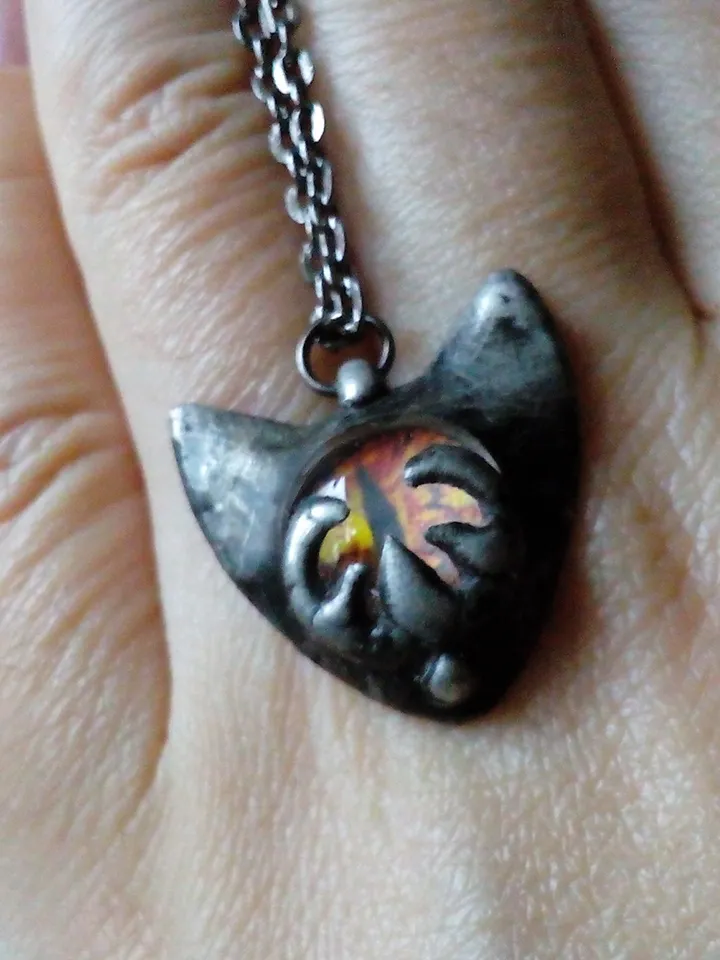 CAT necklace, cat eye tin soldered pendant, cat lovers jewelry, Halloween necklace, witchy aesthetic, goth bat pendant