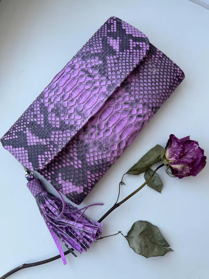 Genuine python skin classy flat clutch with shoulder chain | elegant evening women purse | designer leather bags | small shoulder pink bag