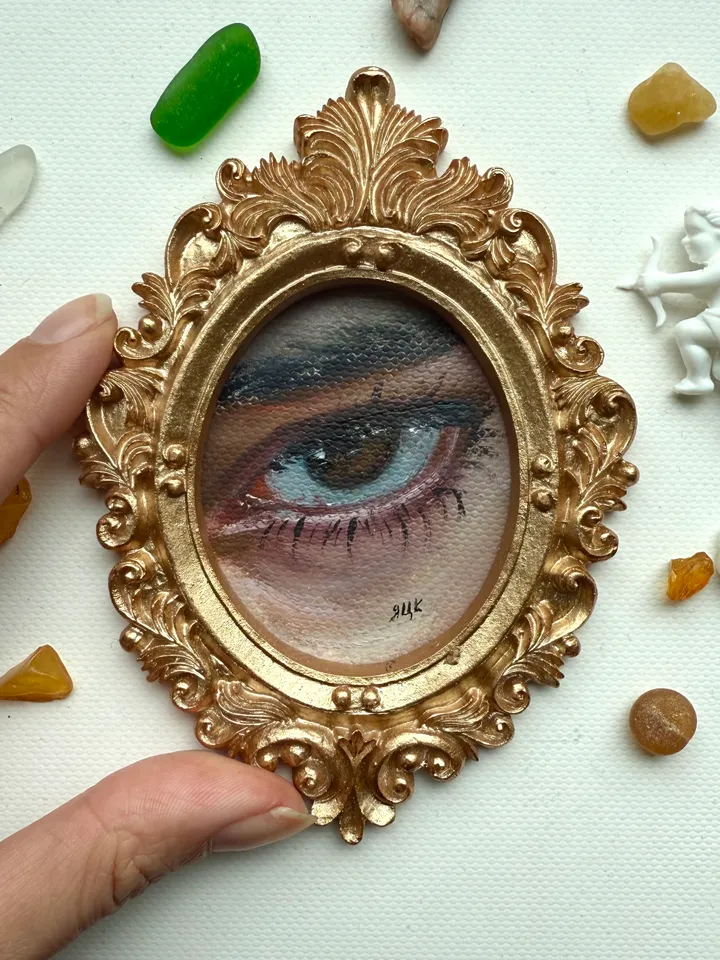 Original Framed Lover's Eye Antique Painting Illustration Vintage Style Small