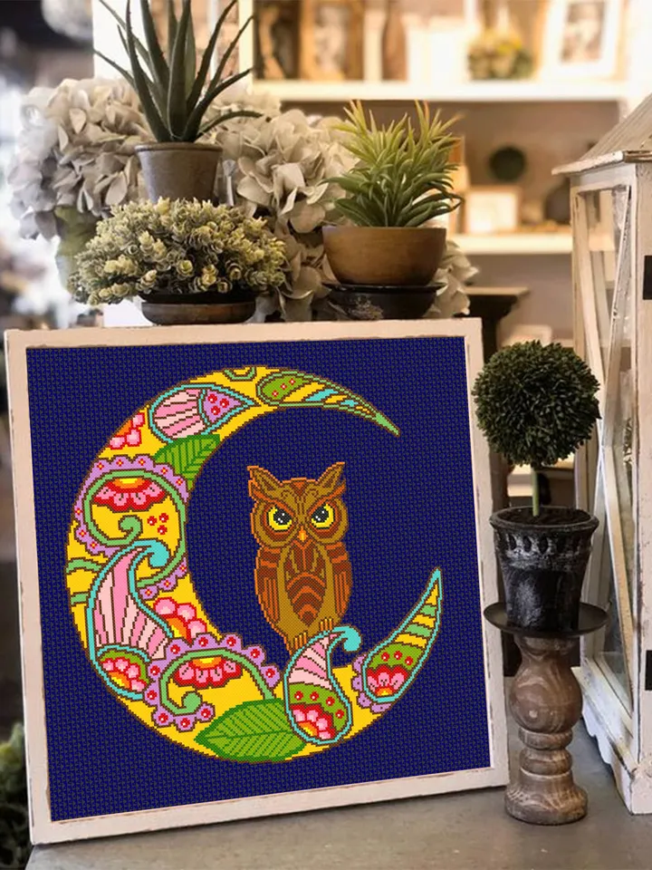 Crescent moon cross stitch pattern download PDF, Colorful mandala cross stitch, Mandala pattern digital PDF, Owl cross stitch chart #M98