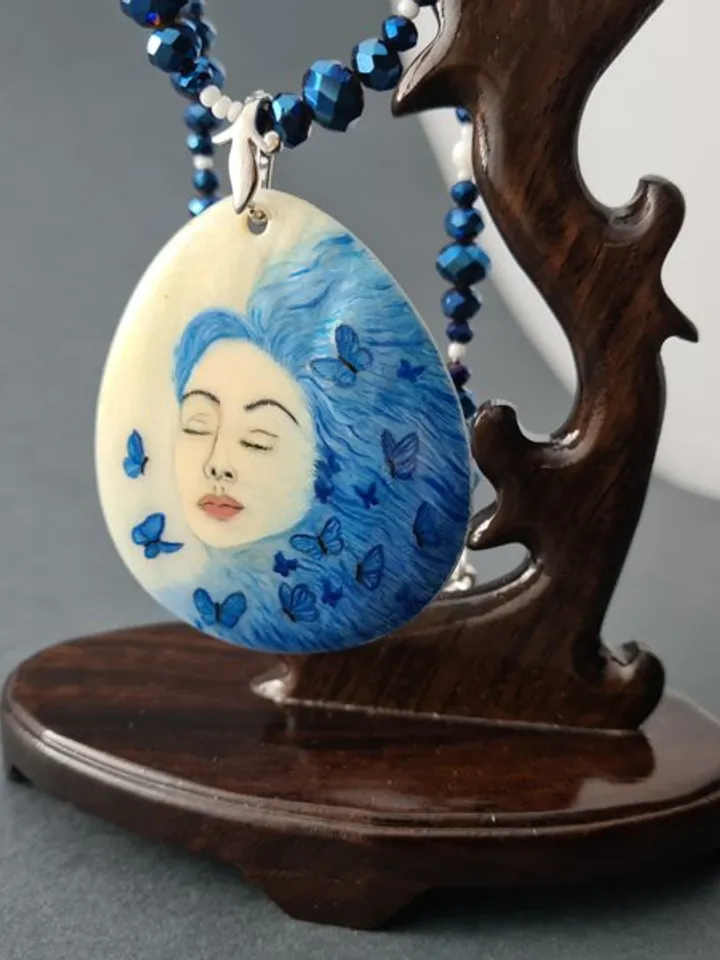 Hand painted jewelry, hand painted necklace, miniature painting on pearl pendant