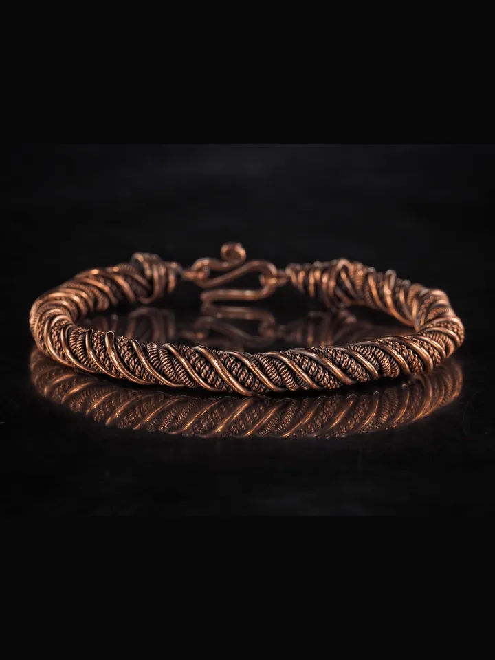Narrow wire wrapped copper bracelet Unique metal bangle Handmade jewelry