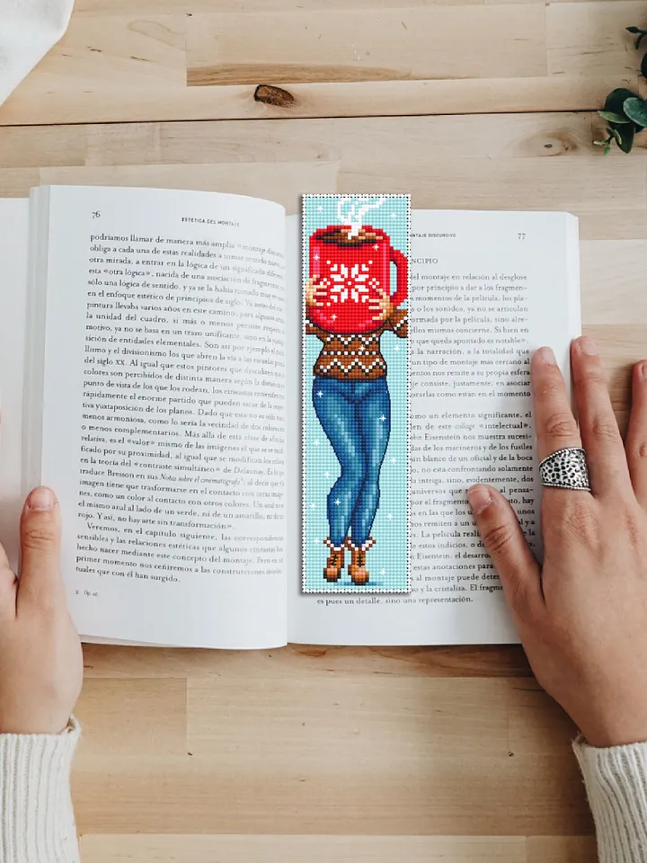 Bookmark cross stitch pattern PDF Winter coffee mug cross stitch, Holiday handmade bookmark, Girl cross stitch Instant download PDF #B99