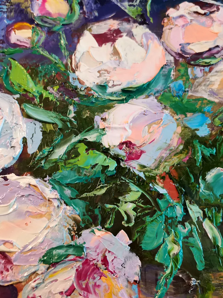 Peonies Glass Vase Candy Oil Painting Flower Impasto Original Artist Svinar Oksana